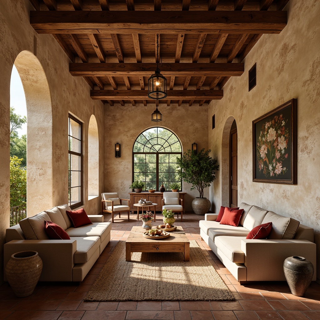 Prompt: Warm Mediterranean villa, rustic stone walls, terracotta floors, wooden beam ceilings, ornate ironwork, distressed wood furniture, plush velvet cushions, curved lines, natural fabrics, earthy tones, ceramic vases, potted olive trees, soft warm lighting, cozy intimate spaces, 3/4 composition, realistic textures, ambient occlusion.