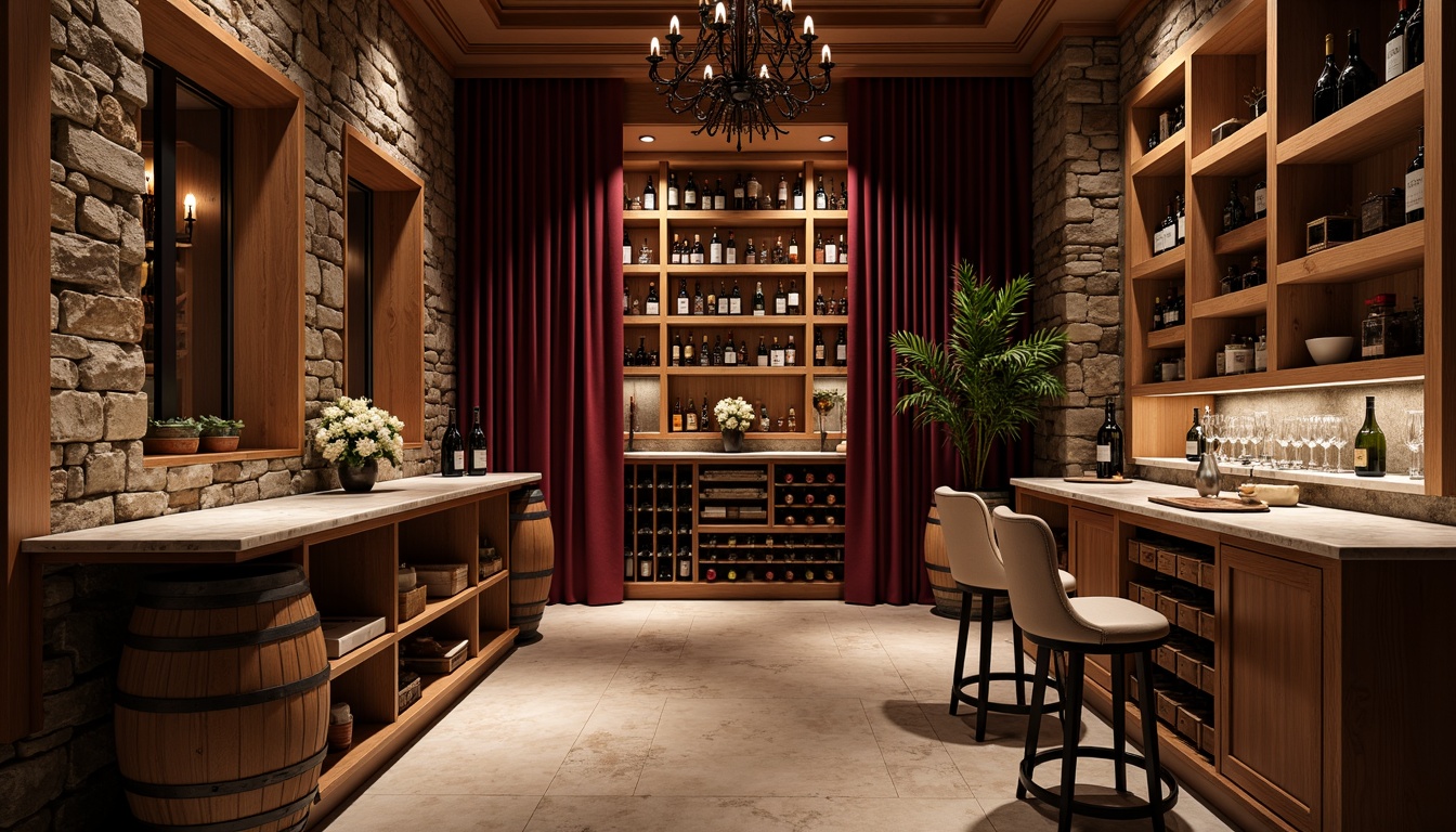 Prompt: Elegant wine cellar, rich wood tones, dark stone walls, warm earthy colors, luxurious velvet drapes, dimmed soft lighting, intimate ambiance, rustic wooden barrels, refined glassware, sophisticated metal accents, lustrous marble countertops, bold reds, deep purples, creamy whites, soft golds, warm beige, cozy atmosphere, classic traditional style, ornate details, vintage wine bottles, subtle texture overlays, realistic reflections, detailed labels.