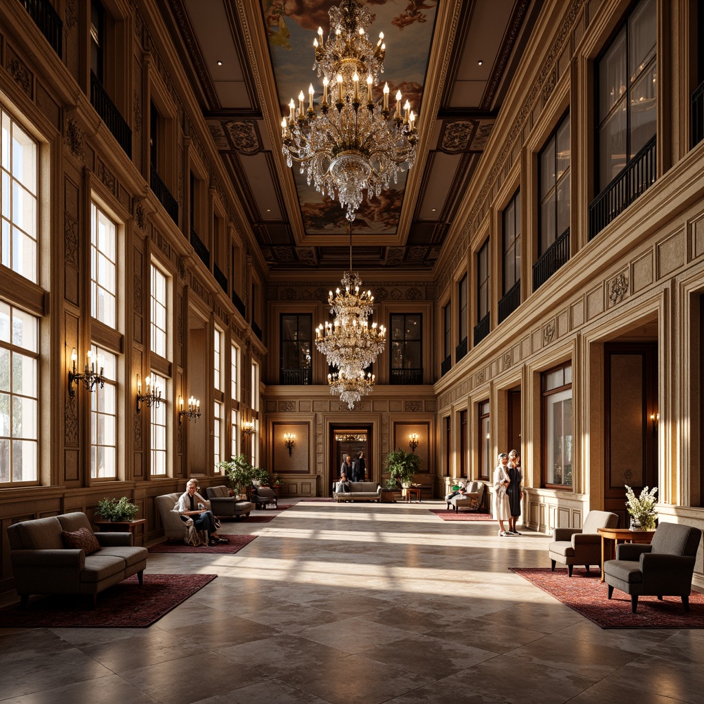 Prompt: Grandiose great room, high ceiling, ornate moldings, crystal chandeliers, luxurious fabrics, rich wood paneling, marble floors, imposing columns, sweeping archways, intricate frescoes, golden accents, lavish furnishings, majestic atmosphere, warm soft lighting, subtle shadows, 1/1 composition, dramatic perspective, realistic textures, ambient occlusion.