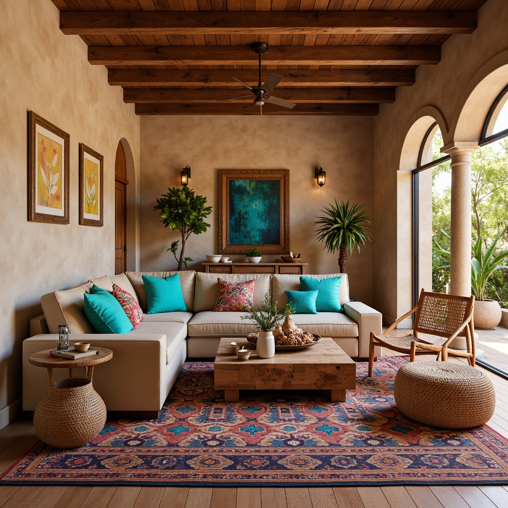 Prompt: Vibrant southwestern living room, plush sectional sofa, patterned rug, woven baskets, rustic wooden coffee table, turquoise accents, earthy tones, stucco walls, arched windows, sliding glass doors, desert botanicals, natural textiles, woven fibers, rattan armchairs, colorful throw pillows, geometric patterns, warm ambient lighting, shallow depth of field, 1/1 composition, realistic wood grains, subtle shadows.