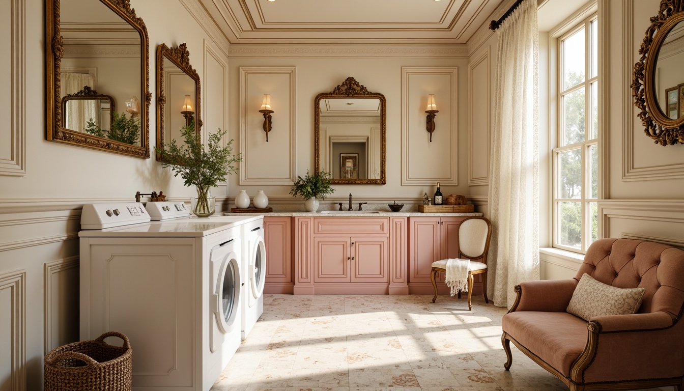 Prompt: Opulent laundry space, soft warm lighting, gentle cream walls, elegant gold accents, ornate mirrors, plush velvet upholstery, delicate lace details, pastel pink cabinets, rich wood tones, intricate moldings, luxurious marble countertops, subtle sheen fabrics, airy light-filled atmosphere, romantic French-inspired decor, whimsical Rococo patterns, ornamental metalwork, distressed finishes, vintage accessories, soft focus, 1/1 composition, warm color harmony.