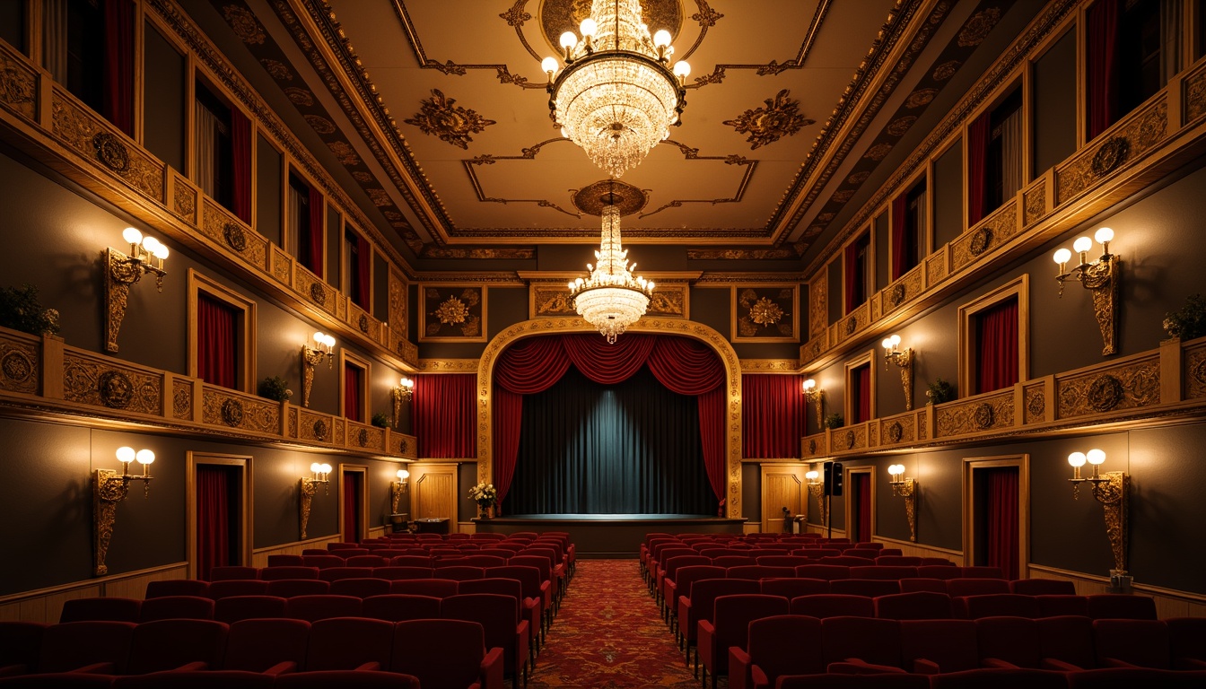 Prompt: Elegant theater interior, French country style, ornate chandeliers, warm golden lighting, soft candlelight, velvet drapes, rich wood paneling, intricate moldings, Baroque-inspired details, luxurious fabrics, ornate gilded frames, dramatic spotlights, subtle sidelighting, intimate ambiance, 1/1 composition, shallow depth of field, realistic textures, ambient occlusion.