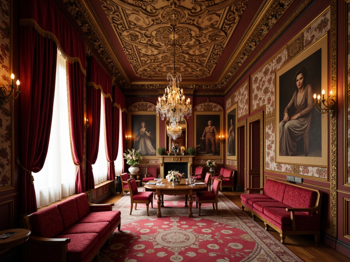 Prompt: Rich velvet fabrics, ornate golden embroidery, luxurious silk drapes, plush crimson upholstery, intricate floral patterns, heavy tapestries, majestic crown molding, grand crystal chandeliers, carved wooden furniture, gilded accents, soft warm lighting, shallow depth of field, 3/4 composition, intimate cozy atmosphere, elegant curved lines, refined ornateness, classic European-inspired design.