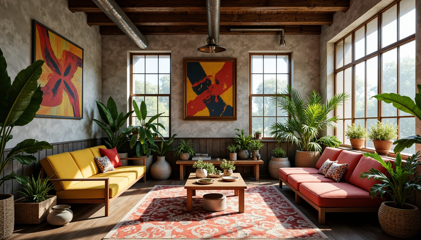 Prompt: Vibrant eclectic interior, mixed vintage furniture, colorful patterned rugs, lush greenery, natural textiles, reclaimed wood accents, industrial metal fixtures, abstract artwork, oversized windows, soft warm light, diffused sunlight, subtle shadows, 1/1 composition, realistic materials, ambient occlusion.