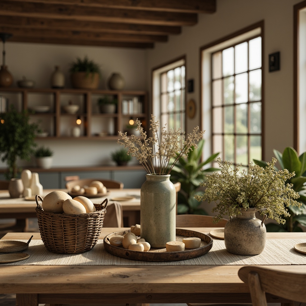 Prompt: Rustic farmhouse, vintage decor, distressed wood, earthy tones, warm beige, soft sage, mossy green, weathered metal, natural linen, burlap textures, woven baskets, ceramic vases, wildflower arrangements, candlelit ambiance, warm golden lighting, shallow depth of field, 2/3 composition, realistic renderings, ambient occlusion.