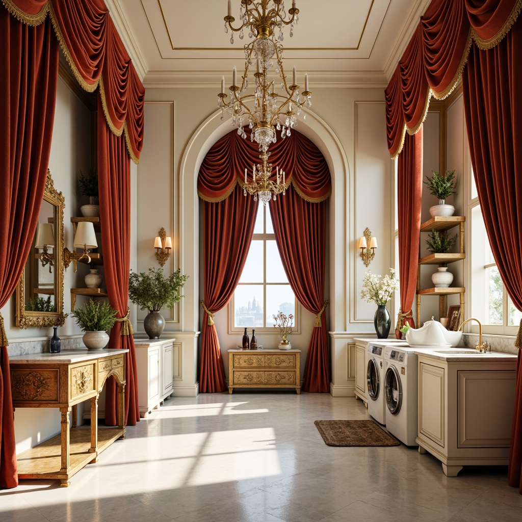 Prompt: Ornate laundry room, luxurious velvet drapes, golden accents, curved wooden cabinetry, ornamental mirrors, soft cream-colored walls, marble countertops, intricate carvings, delicate porcelain vases, Rococo-inspired furniture legs, lavish crystal chandeliers, warm ambient lighting, shallow depth of field, 1/1 composition, realistic textures, ambient occlusion.