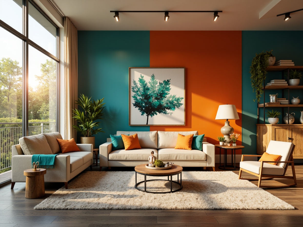 Prompt: Vibrant living room, bold accent walls, warm beige furniture, rich turquoise decorative accents, plush throw pillows, soft cream-colored rug, modern abstract artwork, floor-to-ceiling windows, natural sunlight, airy atmosphere, eclectic decor, industrial-chic coffee table, rustic wooden shelves, cozy reading nook, dramatic lighting fixtures, 1/2 composition, warm golden hour, realistic textures, ambient occlusion.