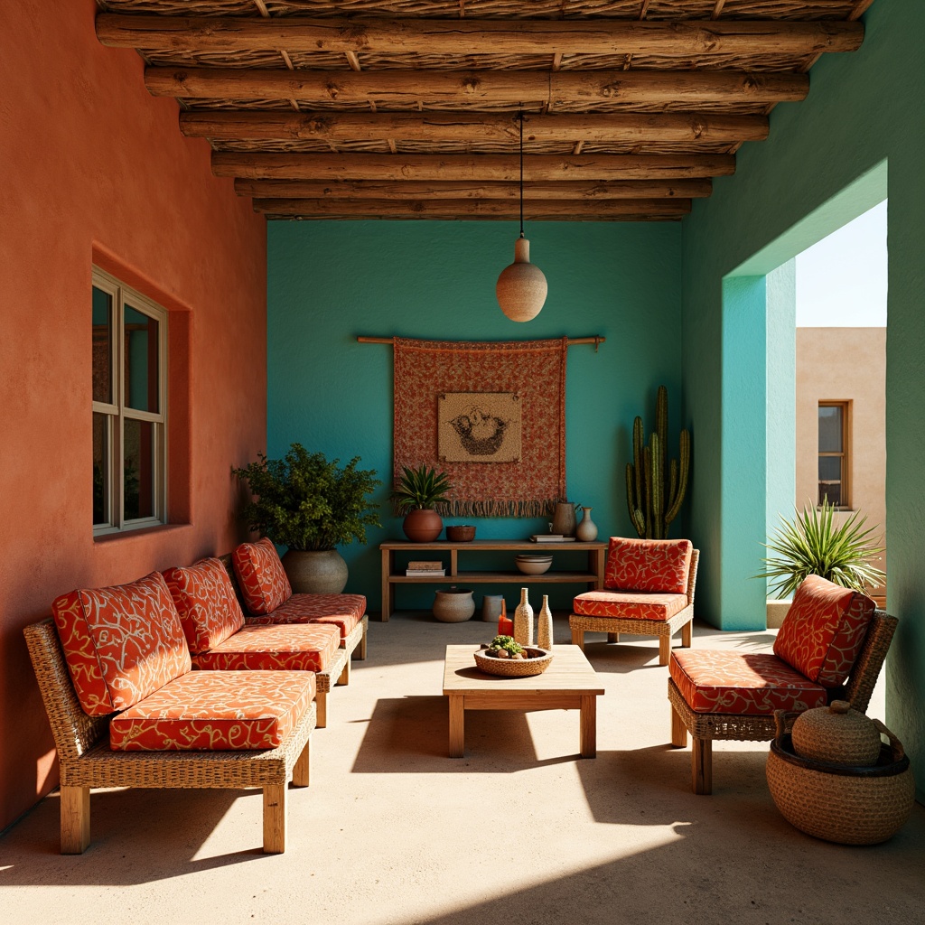 Prompt: Vibrant turquoise accents, earthy terracotta walls, warm sandy beige floors, rustic wooden furniture, bold red and orange patterned textiles, natural woven baskets, desert botanicals, cacti silhouettes, sunny afternoon lighting, soft warm shadows, 3/4 composition, realistic textures, ambient occlusion.