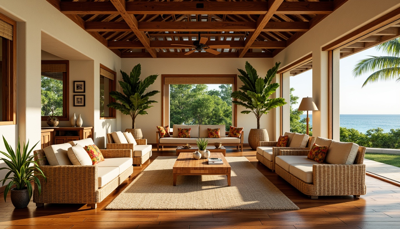 Prompt: Tropical family room, exotic hardwood flooring, warm beige walls, lush greenery, natural textiles, woven rattan furniture, vibrant colorful accents, wooden ceiling beams, large windows, sliding glass doors, ocean views, sunny day, soft warm lighting, shallow depth of field, 3/4 composition, panoramic view, realistic textures, ambient occlusion.