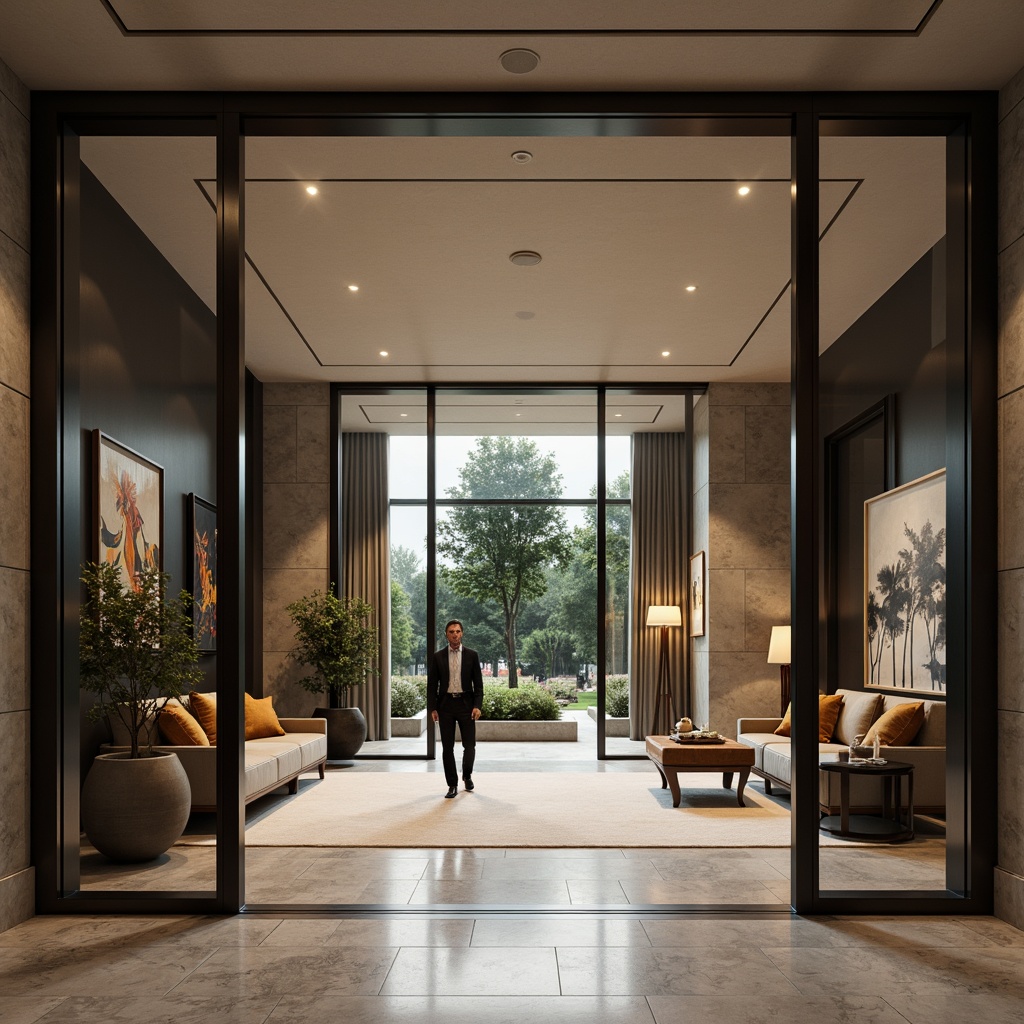 Prompt: Elegant foyer, grand entrance, modern glass doors, transparent walls, sleek metal frames, reflective surfaces, minimalist design, ambient lighting, shallow depth of field, 3/4 composition, panoramic view, realistic textures, luxurious materials, marble floors, high ceilings, spacious interior, natural stone accents, subtle color palette, soft warm glow, inviting atmosphere.