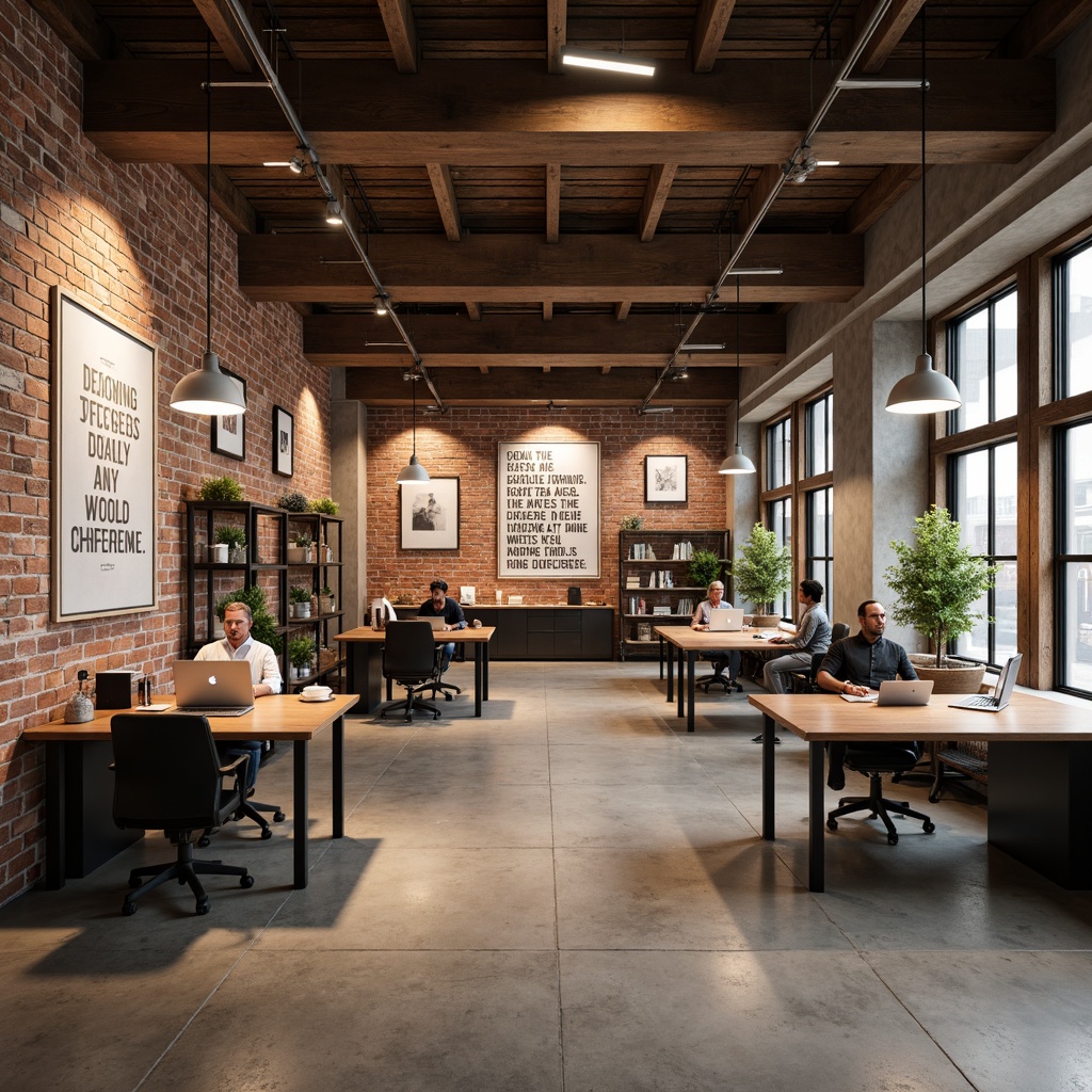 Prompt: Exposed brick walls, industrial chic concrete floors, reclaimed wood accents, metal beam ceilings, minimalist pendant lighting, modern wooden workstations, ergonomic task chairs, collaborative open spaces, inspirational quotes, motivational wall art, natural textiles, earthy tone color scheme, warm ambient lighting, shallow depth of field, 3/4 composition, realistic textures, ambient occlusion.