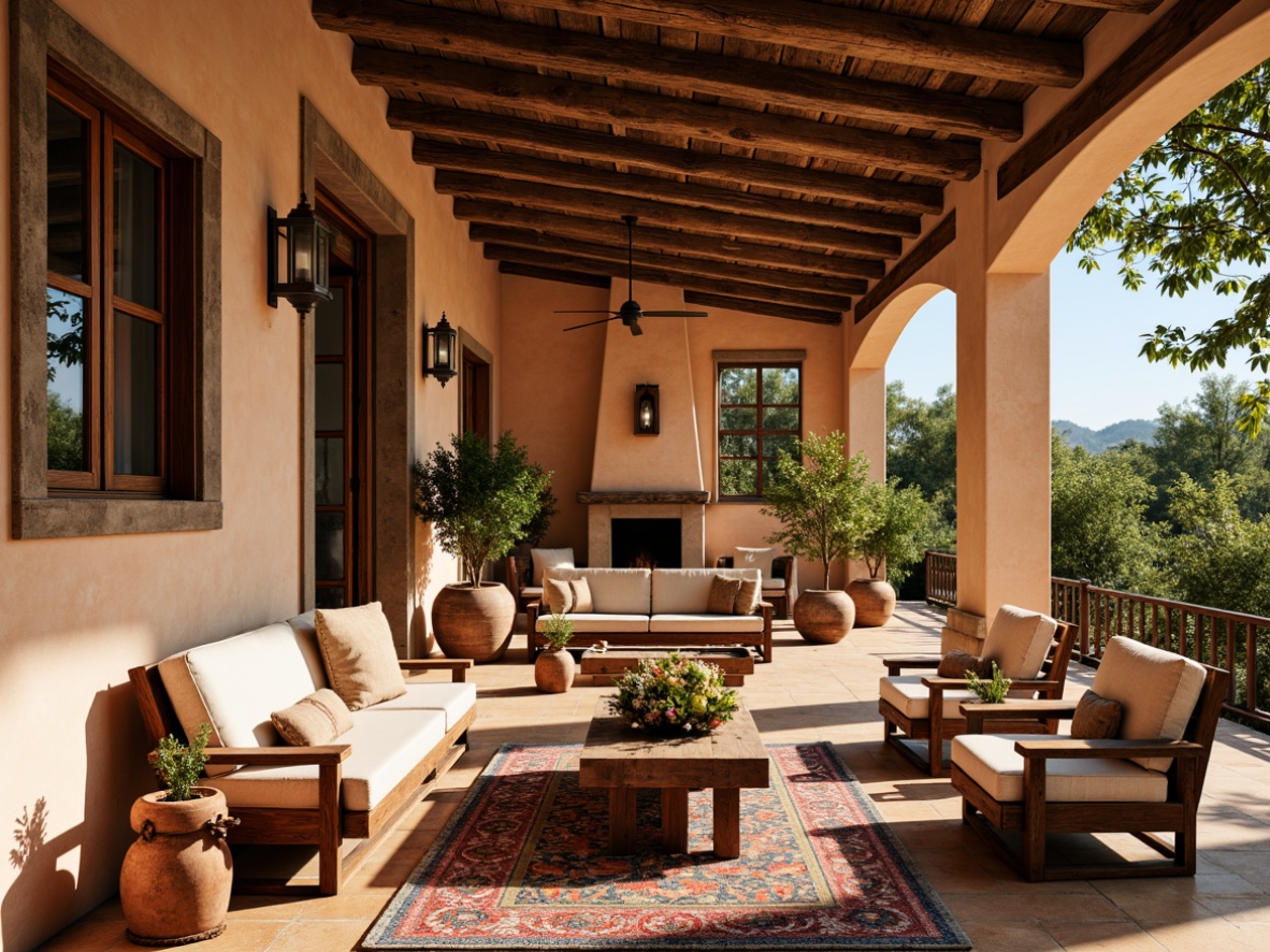 Prompt: Cozy Mediterranean villa, warm earthy tones, rustic wooden furniture, distressed finishes, ornate metalwork, plush cushions, vibrant colorful textiles, intricate geometric patterns, natural stone flooring, terracotta pots, lush greenery, sunny day, soft warm lighting, shallow depth of field, 3/4 composition, realistic textures, ambient occlusion.