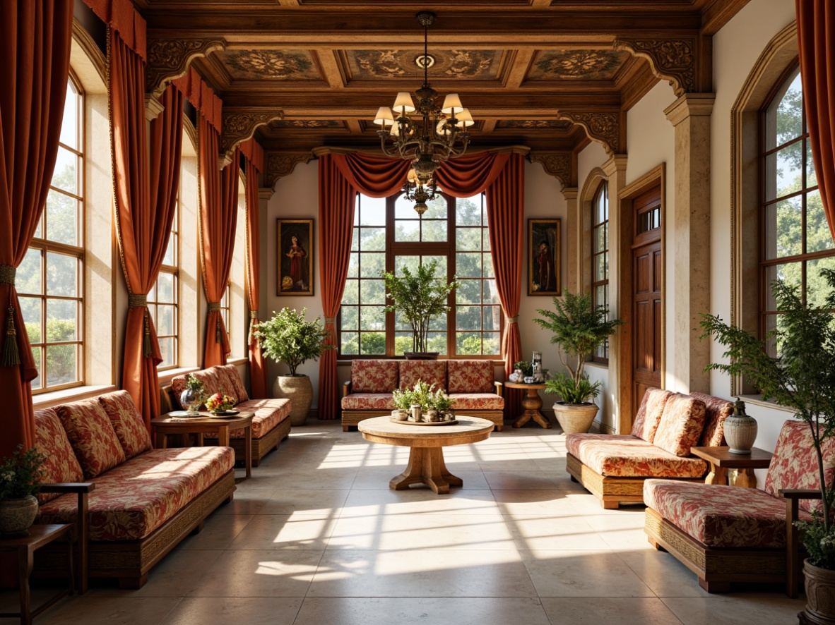 Prompt: Warm sunroom, Renaissance-inspired decor, rich gold accents, creamy white marble floors, ornate wooden panels, stained glass windows, soft warm lighting, velvet drapes, floral patterns, classic columns, arches, ornate furniture, luxurious fabrics, jewel-toned colors, 3/4 composition, realistic textures, ambient occlusion, natural stone walls, blooming flowers, lush greenery, sunny day.