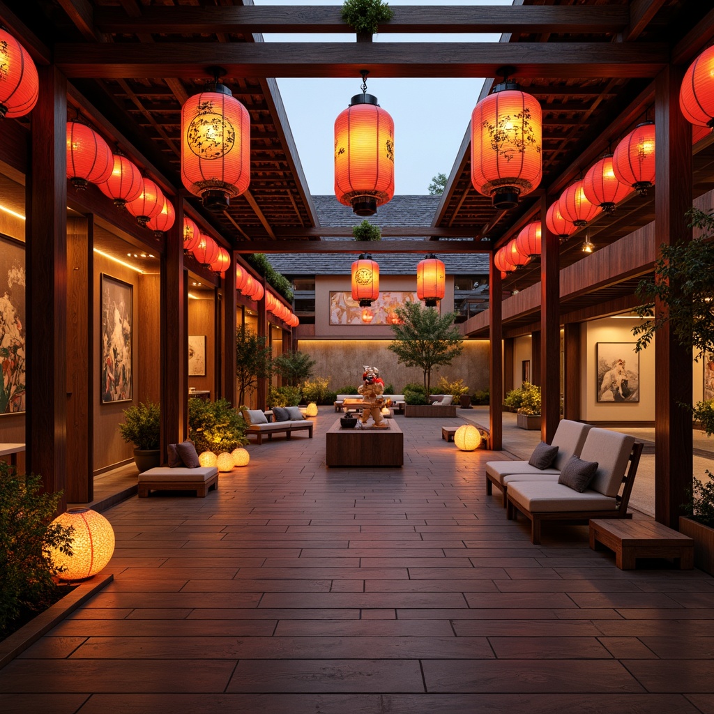 Prompt: Traditional Asian lanterns, warm soft lighting, natural wood accents, cultural symbols, vibrant red colors, intricate carvings, elegant curves, modern minimalist architecture, sleek lines, LED light installations, ambient glow, subtle color transitions, misty atmospheric effects, shallow depth of field, 1/1 composition, symmetrical framing, ornate metalwork, hand-painted murals, serene water features, lush greenery, peaceful ambiance.