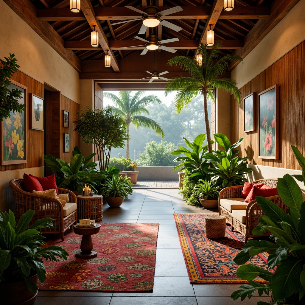 Prompt: Vibrant tropical hallway, exotic plants, wicker furniture, rattan decorations, natural fiber rugs, woven bamboo walls, colorful tribal patterns, wooden accents, eclectic lighting fixtures, dramatic ceiling fans, lush greenery, palm trees, floral arrangements, vibrant colors, warm ambient lighting, shallow depth of field, 1/1 composition, realistic textures, atmospheric fog.