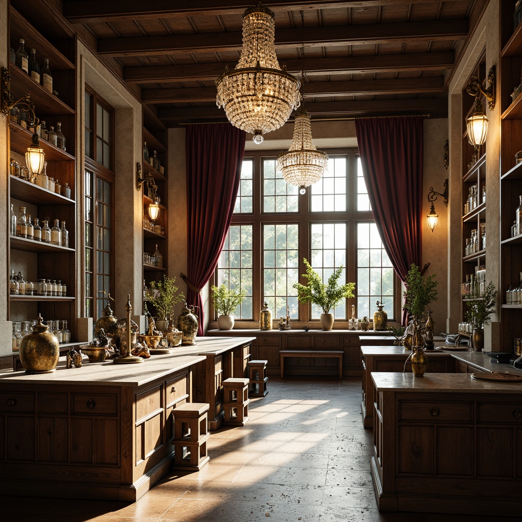 Prompt: Renaissance-style laboratory, ornate chandeliers, bronze sconces, crystal pendant lights, antique metal lanterns, vintage apothecary jars, distressed wood accents, rich velvet drapes, luxurious marble countertops, high ceilings, large windows, natural light pouring in, warm golden lighting, subtle shadows, 1/1 composition, realistic textures, ambient occlusion.