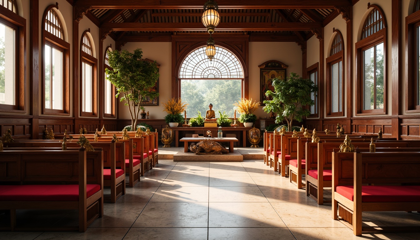 Prompt: Traditional Asian-style church interior, ornate wooden pews, intricately carved wooden benches, vibrant red cushions, golden accents, Buddha-inspired statues, serene ambiance, natural light filtering through stained glass windows, warm beige stone flooring, soft warm lighting, shallow depth of field, 1/1 composition, realistic textures, ambient occlusion.