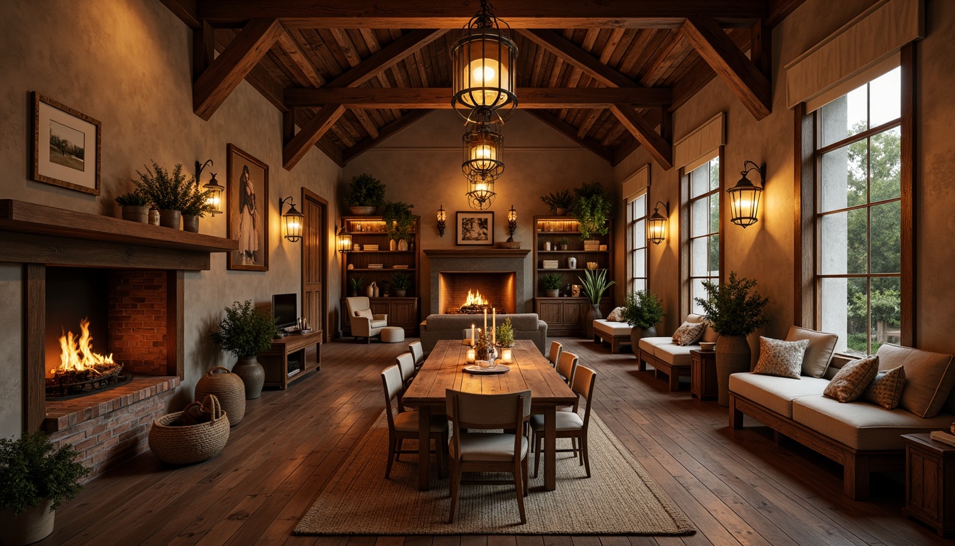 Prompt: Rustic farmhouse, warm candlelight, soft golden glow, pendant lanterns, metal chandeliers, vintage fixtures, distressed wood accents, natural linen shades, earthy tones, cozy nooks, window seats, built-in shelves, exposed beams, reclaimed wood walls, brick fireplaces, country-inspired decor, warm ambiance, softbox lighting, layered lighting, 1/1 composition, shallow depth of field, realistic textures.