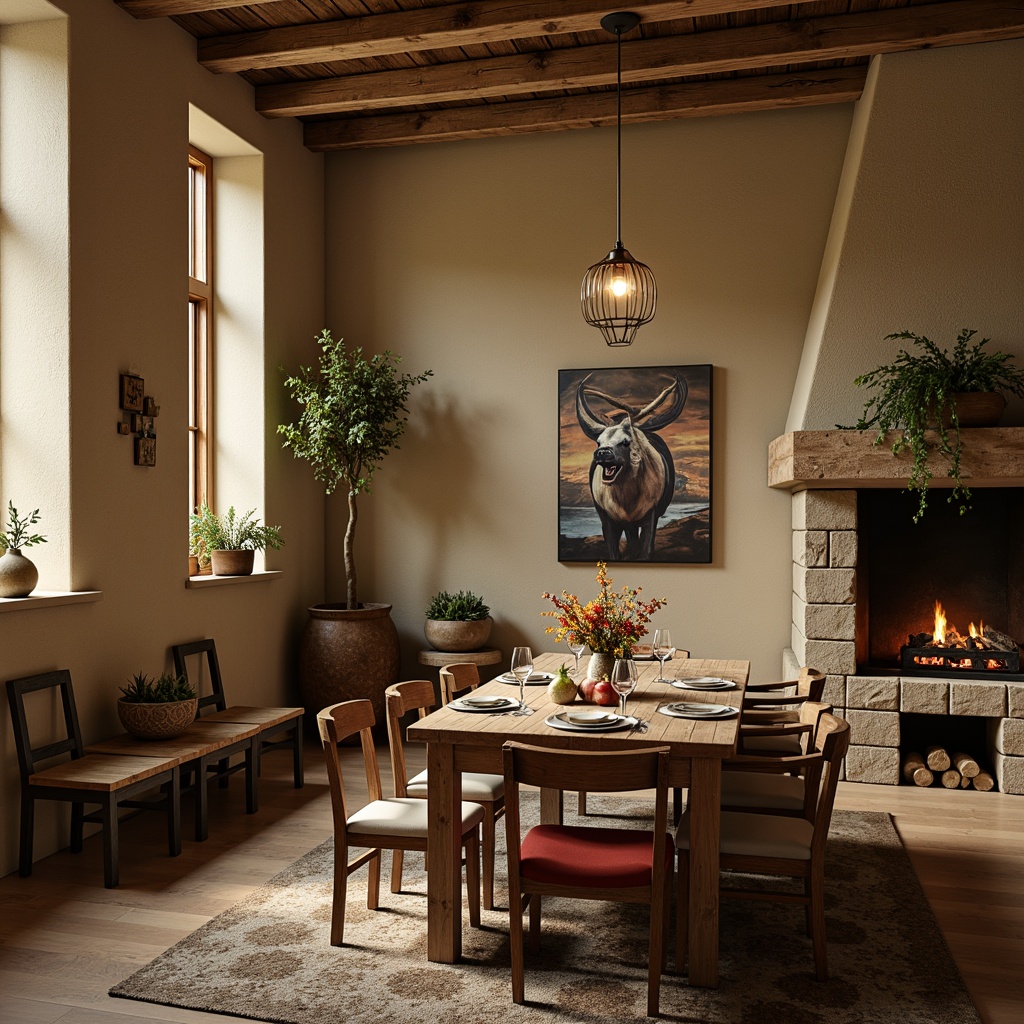 Prompt: Rustic dining room, wooden furniture, earthy tones, warm beige walls, distressed wood accents, natural stone fireplaces, vintage metal decorations, cozy atmosphere, soft candlelight, nature-inspired colors, moss green, weathered wood, rusty red, earth brown, creamy whites, soft grays, ambient occlusion, shallow depth of field, 3/4 composition, realistic textures, warm color harmony.