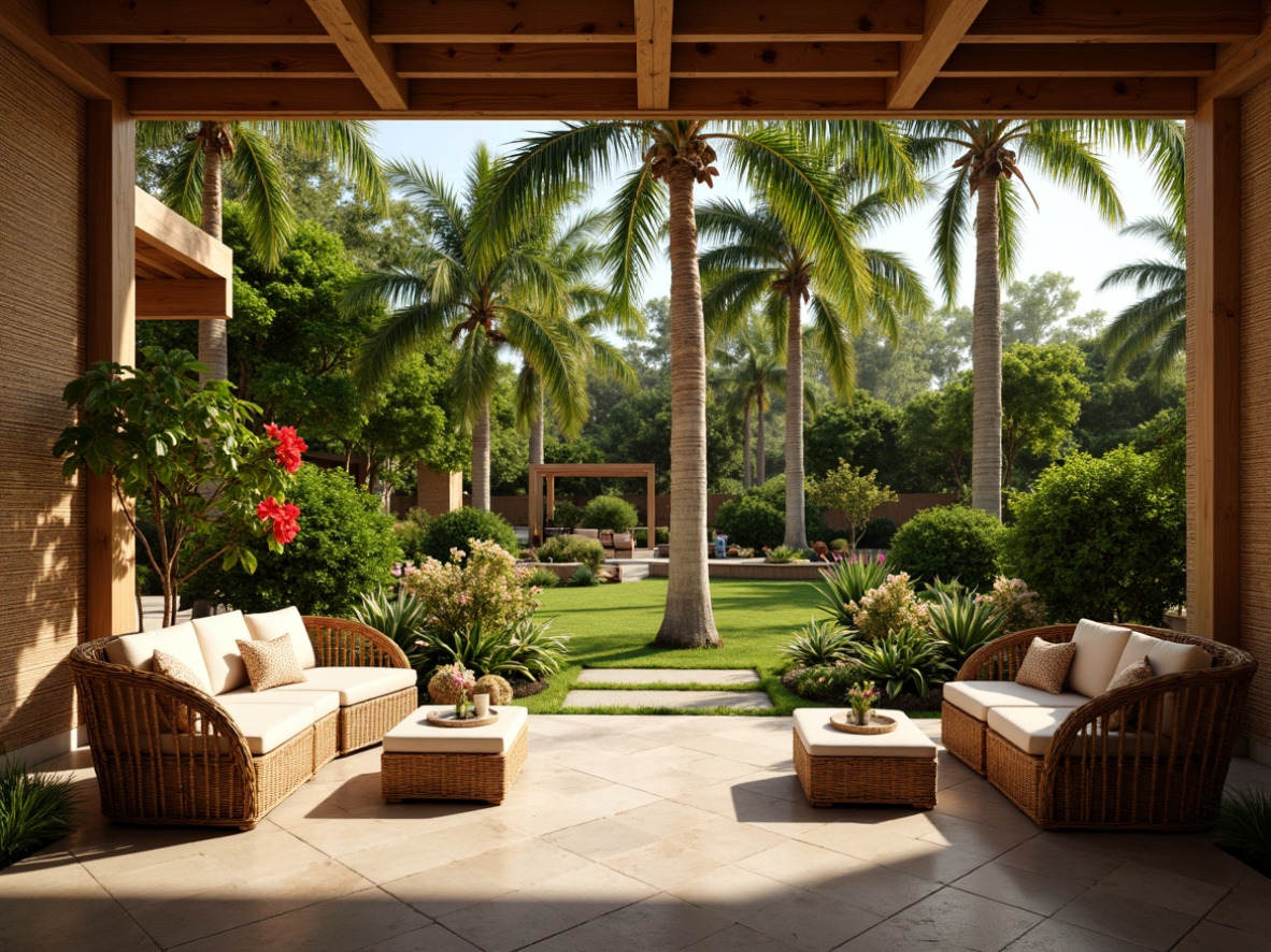 Prompt: Vibrant tropical garden, exotic palm trees, colorful hibiscus flowers, wooden lanai, rattan furniture, plush cushions, natural stone flooring, woven bamboo walls, lush greenery, warm sunny day, soft golden lighting, shallow depth of field, 1/2 composition, realistic textures, ambient occlusion.