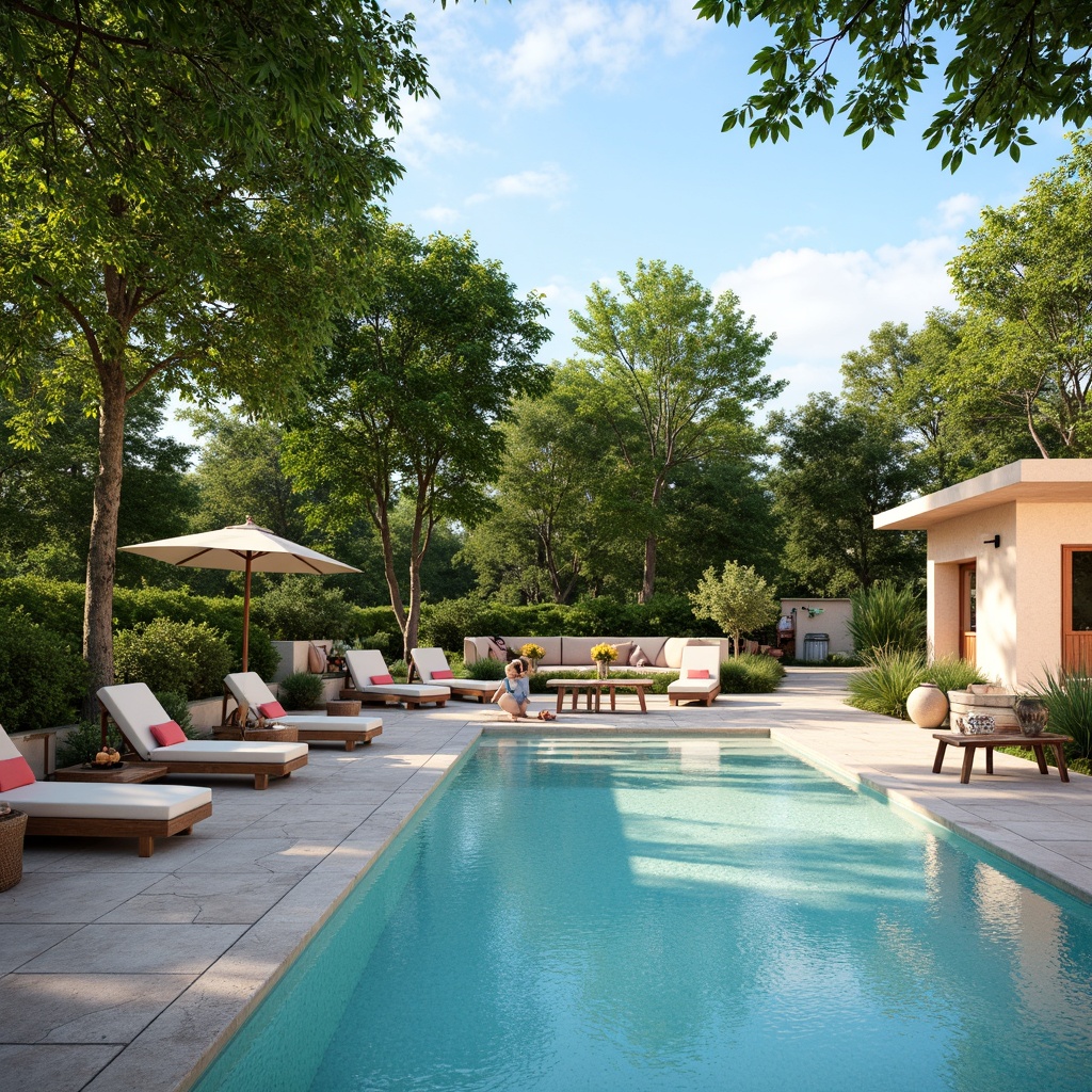 Prompt: Tranquil poolside ambiance, soothing blue waters, lush green foliage, natural stone paving, wooden deck chairs, vibrant coral accents, soft peach tones, creamy whites, warm beige surroundings, sunny day, gentle water ripples, subtle shading, 1/1 composition, realistic reflections, ambient occlusion.