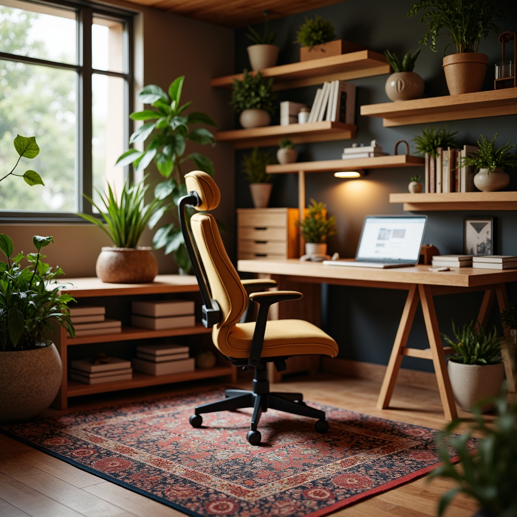 Prompt: Cozy home office, warm wooden desk, comfortable ergonomic chair, vibrant textile patterns, colorful rug, natural fiber upholstery, soft warm lighting, shallow depth of field, 3/4 composition, realistic textures, ambient occlusion, modern minimalist decor, sleek metal accents, rustic wood shelves, lush greenery, plants on shelves, calm atmosphere, focused workspace, productive environment.