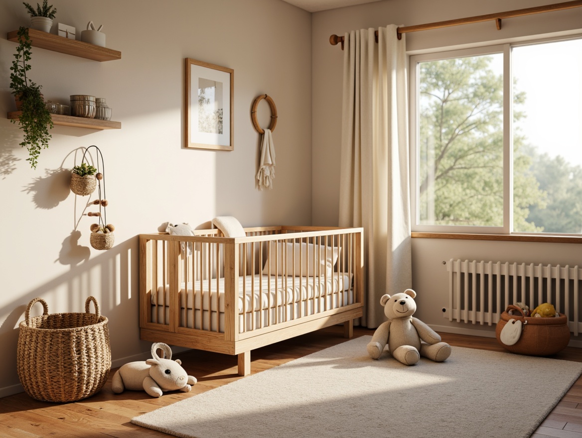 Prompt: Cozy baby room, vernacular style, warm soft lighting, wooden crib, plush toys, gentle color palette, creamy whites, soothing pastels, natural textiles, woven baskets, rustic wood accents, vintage metal fixtures, warm beige walls, soft carpet flooring, delicate mobiles, tender morning light, shallow depth of field, 1/1 composition, intimate atmosphere, realistic textures, ambient occlusion.