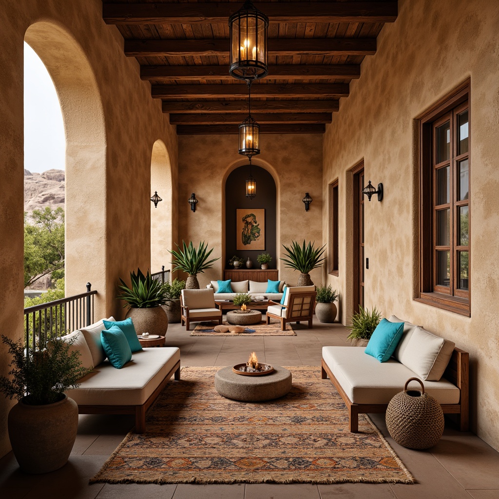 Prompt: Southwestern-inspired interior, rustic wooden beams, earthy tone color palette, textured stucco walls, traditional Native American patterns, vibrant turquoise accents, woven natural fiber rugs, pendant lighting fixtures with wrought iron details, candle-like lanterns, warm ambient glow, soft warm lighting, shallow depth of field, 3/4 composition, realistic textures, ambient occlusion.