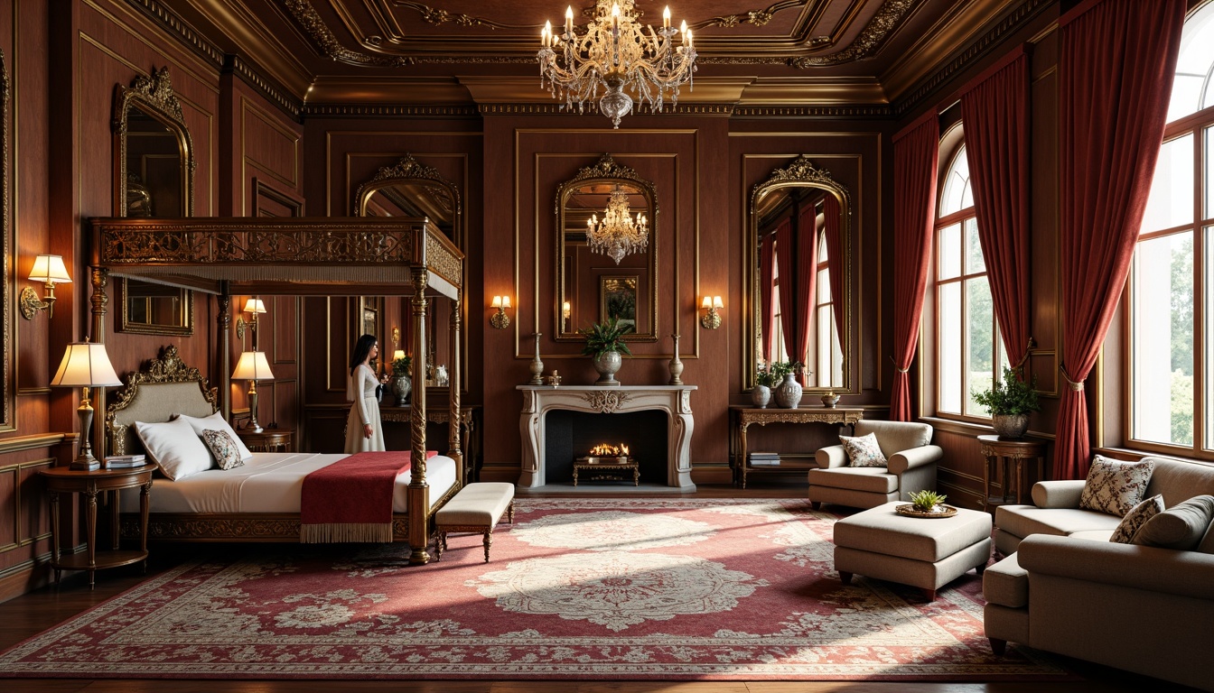 Prompt: Ornate gilded mirrors, rich velvet drapes, intricately carved wooden furniture, luxurious silk upholstery, ornamental marble tables, grand crystal chandeliers, opulent golden accents, lavish patterned rugs, majestic four-poster beds, heavily draped curtains, antique bronze vases, exquisite porcelain figurines, dramatic floor-to-ceiling windows, warm soft lighting, 1/1 composition, shallow depth of field, realistic textures.