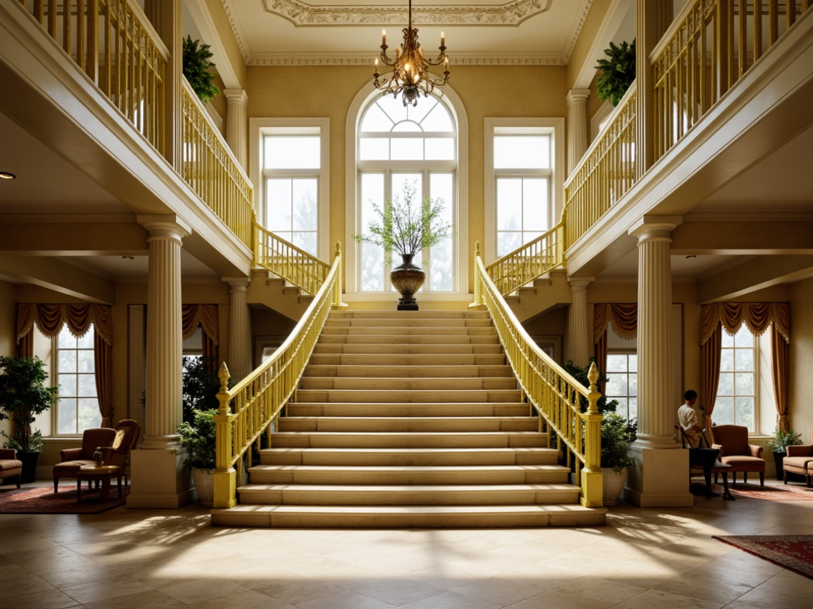 Prompt: Grand staircase, lime-hued balustrades, ornate golden railings, cream-colored marble steps, intricate carvings, classic columns, high ceilings, ornamental chandeliers, luxurious velvet upholstery, subtle patterned rugs, soft warm lighting, shallow depth of field, 1/1 composition, realistic textures, ambient occlusion.