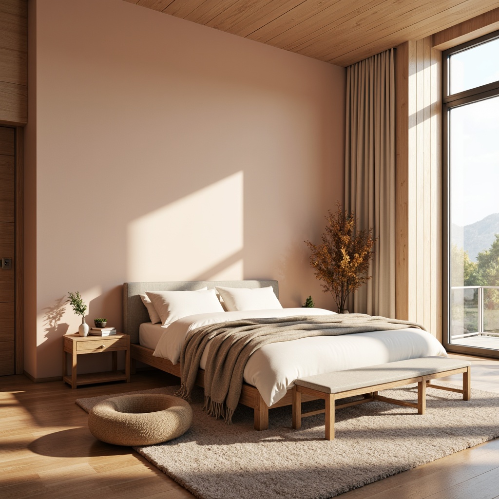 Prompt: Cozy bedroom, soft warm lighting, plush carpets, comfortable bedding, calming color scheme, soothing pastel hues, gentle peach tones, creamy whites, rich wood accents, minimalist decor, modern furniture, floor-to-ceiling windows, natural textiles, organic patterns, serene ambiance, peaceful atmosphere, 1/1 composition, shallow depth of field, realistic rendering.