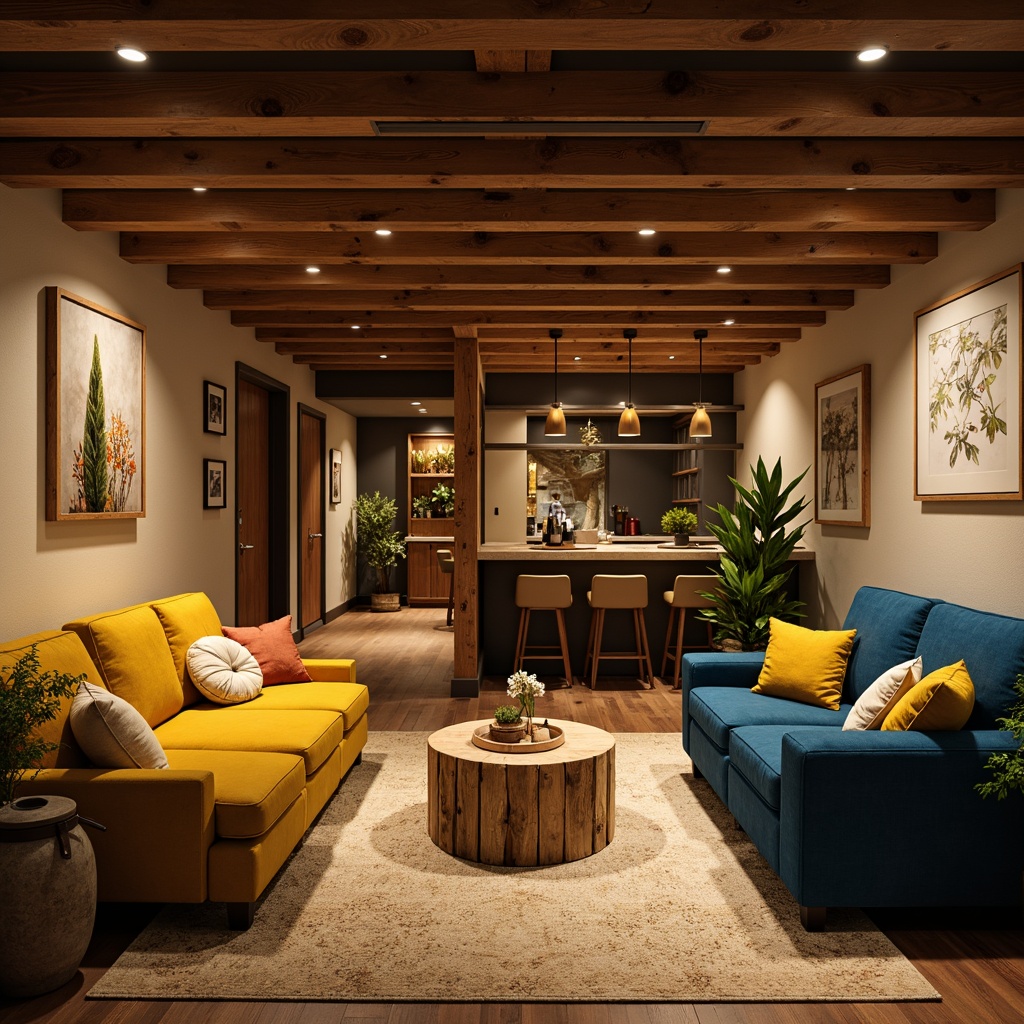 Prompt: Cozy basement atmosphere, warm earthy tones, rich wood accents, soft cream walls, deep blue furniture, vibrant yellow decorative elements, natural stone flooring, plush carpeting, dimmable LED lighting, intimate seating areas, rustic metal fixtures, nature-inspired textiles, organic shapes, 3D visual interest, realistic material rendering, cinematic color grading.