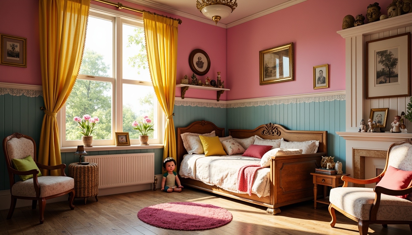 Prompt: Whimsical children's bedroom, ornate Victorian furniture, rich wood tones, plush velvet fabrics, intricate lace details, vibrant color palette, bright pink walls, sunny yellow curtains, sky blue accents, playful polka dots, cheerful stripes, soft golden lighting, delicate floral patterns, ornate picture frames, antique toys, vintage dolls, cozy reading nooks, plush area rugs, creamy white trim, elegant chandeliers, warm afternoon sunlight, shallow depth of field, 1/1 composition, realistic textures, ambient occlusion.