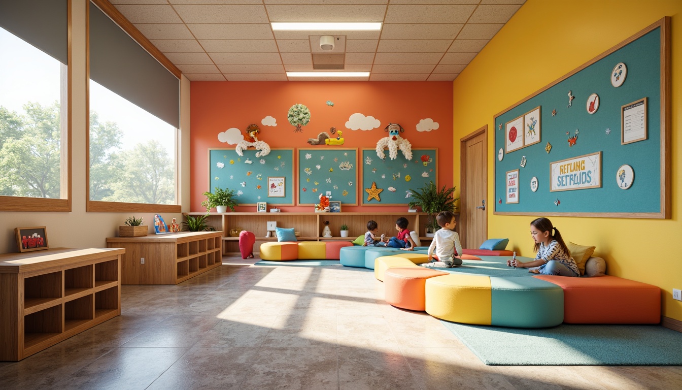 Prompt: Vibrant kindergarten interior, playful wall textures, soft pastel colors, whimsical murals, 3D cartoon characters, interactive displays, educational graphics, cork boards, chalkboard surfaces, rustic wood accents, cozy reading nooks, circular seating areas, soft carpet flooring, natural light pouring in, warm and inviting atmosphere, shallow depth of field, 1/1 composition, realistic rendering, ambient occlusion.