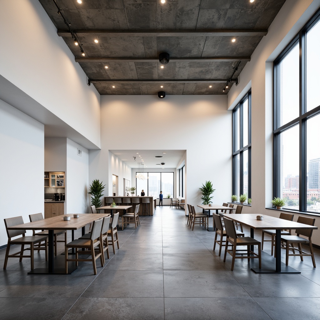 Prompt: Minimalist dining hall, rectangular tables, steel chairs, industrial lighting, concrete floors, white walls, geometric patterns, functional furniture, open space, natural light, large windows, urban views, modern architecture, clean lines, simplicity emphasis, 1/1 composition, softbox lighting, subtle shadows, realistic textures, ambient occlusion.