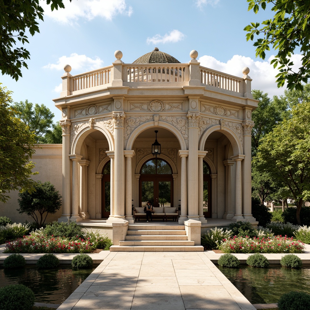 Prompt: Elegant pavilion, ornate classicism architecture, textured stone surfaces, intricate carvings, grandiose columns, symmetrical facades, refined ornamental details, lush greenery surroundings, vibrant flower arrangements, serene water features, soft natural lighting, warm beige tones, 1/1 composition, shallow depth of field, realistic textures, ambient occlusion.