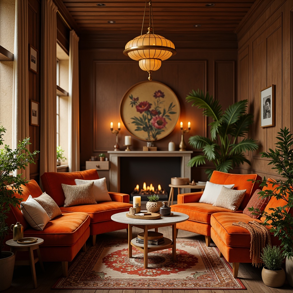 Prompt: Vibrant persimmon orange hue, deep burnt orange accents, soft creamy whites, rich walnut wood tones, luxurious velvet fabrics, ornate golden metalwork, whimsical floral patterns, eclectic bohemian decor, cozy intimate atmosphere, warm candlelit lighting, shallow depth of field, 1/1 composition, realistic textures, ambient occlusion.