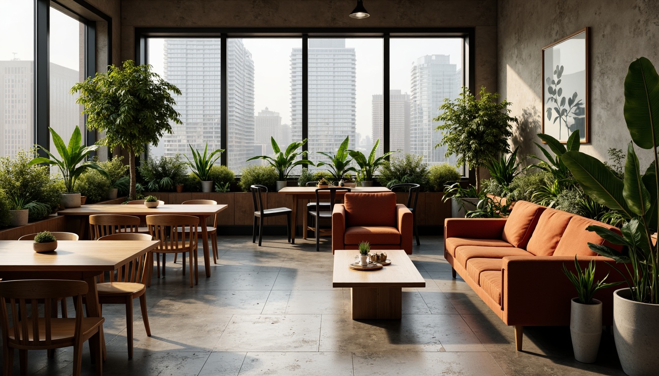 Prompt: Mid-century modern furniture, sleek wooden tables, velvet sofas, industrial metal chairs, minimalist decor, natural stone flooring, earthy color palette, abundant greenery, floor-to-ceiling windows, urban loft atmosphere, softbox lighting, 1/2 composition, shallow depth of field, realistic textures, ambient occlusion.