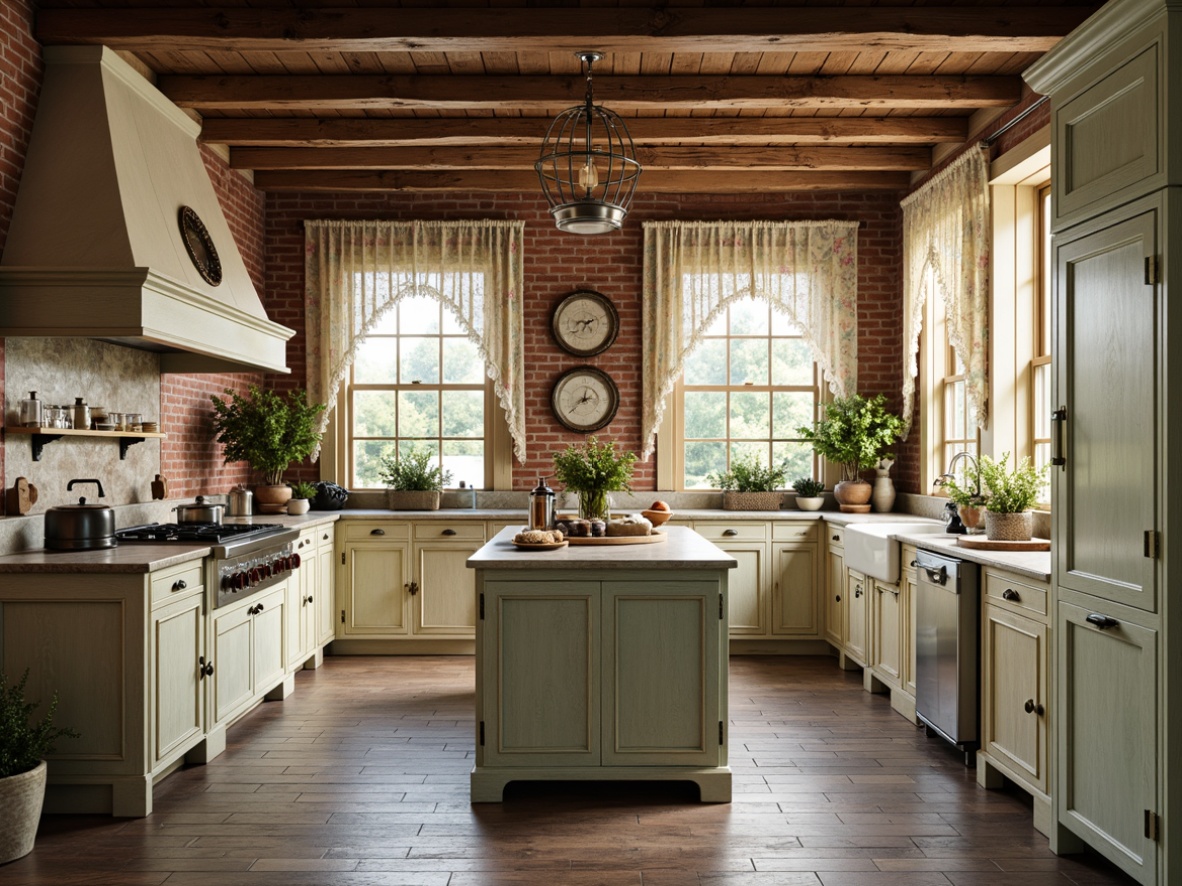 Prompt: Vintage kitchen island, distressed wood finishes, soft pastel hues, ornate metal fixtures, lace curtains, floral patterns, antique appliances, rustic wooden beams, brick walls, earthy tones, warm lighting, shallow depth of field, 1/1 composition, realistic textures, ambient occlusion, elegant cabinetry, decorative corbels, carved wooden details, porcelain sink, vintage-inspired faucets, natural stone countertops.