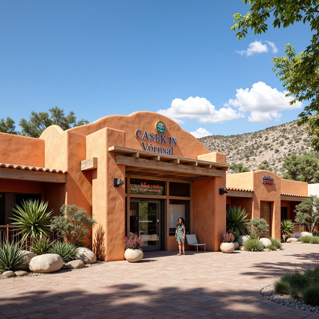 Prompt: Vibrant southwestern bus station, adobe-style architecture, warm earthy tones, terracotta roofs, stucco walls, bold signage, colorful tile work, intricate metal detailing, natural stone floors, desert landscaping, cacti plants, clear blue sky, warm sunny day, soft gentle lighting, shallow depth of field, 3/4 composition, panoramic view, realistic textures, ambient occlusion.