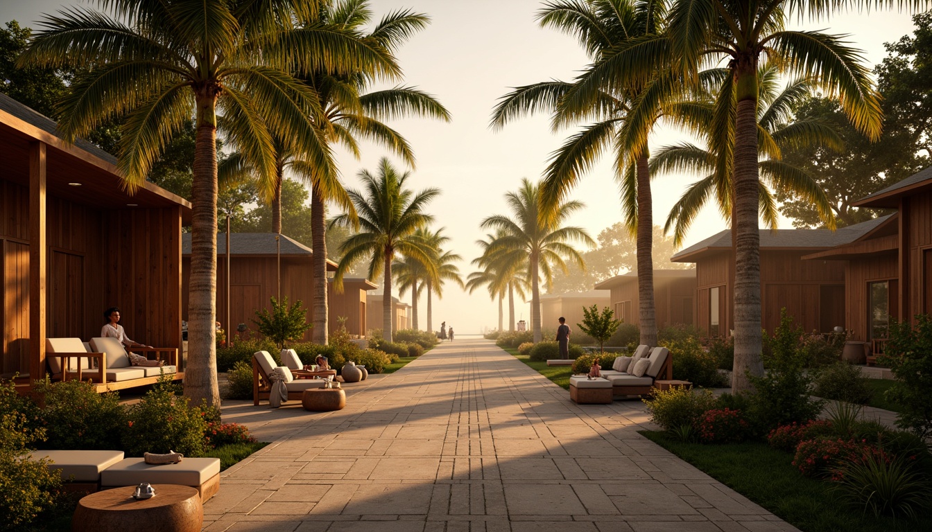 Prompt: Warm tropical atmosphere, lush green palm trees, exotic flowers, wooden beach huts, rustic driftwood decor, woven rattan furniture, soft golden lighting, warm sunset hues, misty fog effects, shallow depth of field, 1/1 composition, intimate portrait view, realistic textures, ambient occlusion.