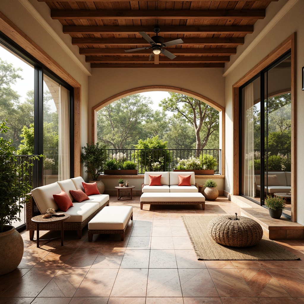 Prompt: Vibrant sunroom, ceramic tiles, geometric patterns, natural stone accents, warm wooden floors, sliding glass doors, lush greenery, blooming flowers, soft diffused lighting, cozy seating areas, plush cushions, minimalist decor, modern furniture design, bright color scheme, warm beige tones, Mediterranean-inspired style, ornate metalwork details, intricate tile inlays, ambient occlusion, shallow depth of field, 3/4 composition, panoramic view.