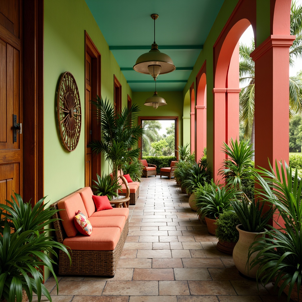 Prompt: Vibrant tropical hallway, lush green walls, exotic wood accents, bright coral hues, turquoise ceiling, natural stone floors, woven rattan furniture, palm tree-inspired decor, bold floral patterns, warm golden lighting, soft focus, shallow depth of field, 1/2 composition, realistic textures, ambient occlusion.