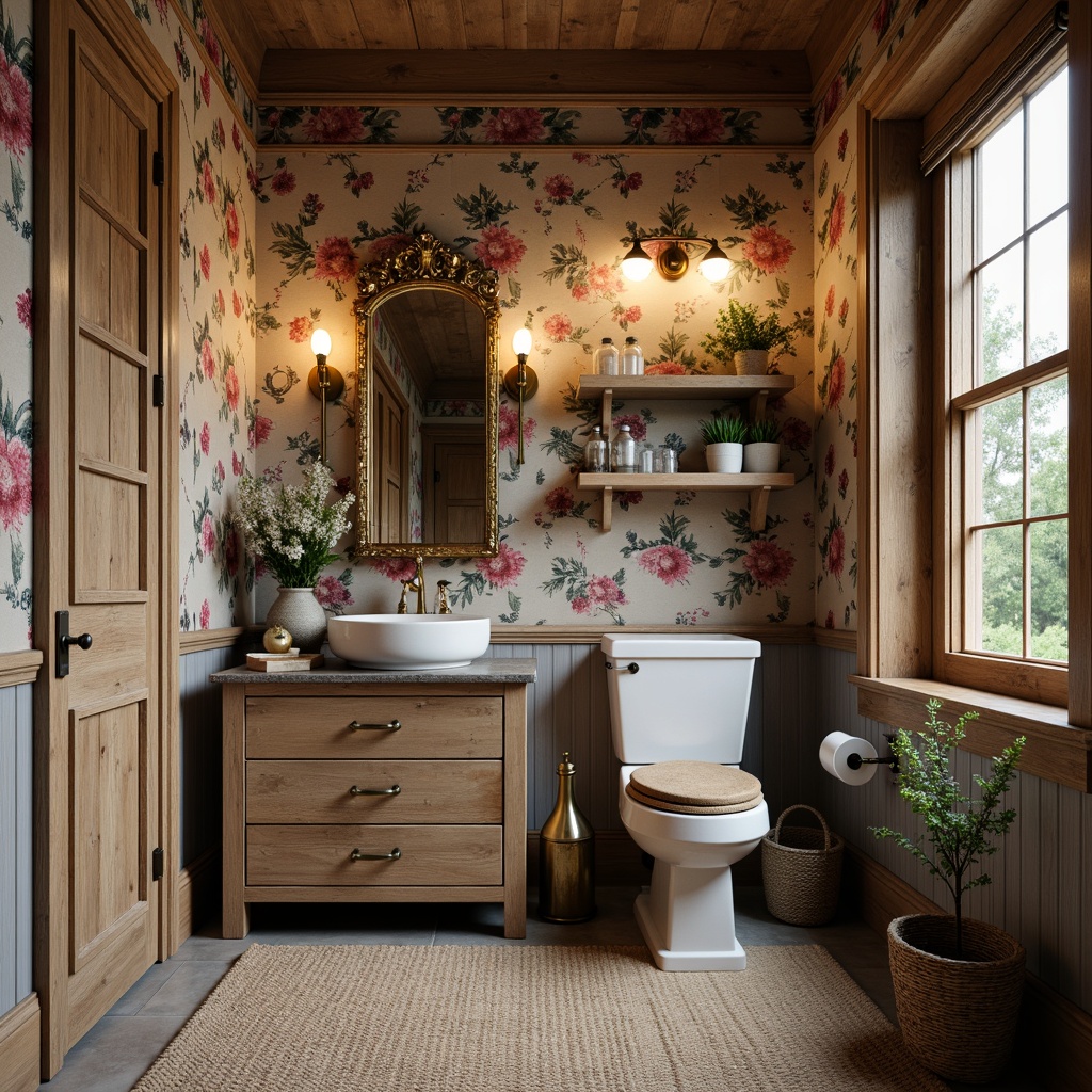 Prompt: Rustic powder room, distressed wood cabinetry, antique brass fixtures, vintage apothecary jars, floral patterned wallpaper, soft warm lighting, ornate mirrors, plush area rugs, natural stone flooring, woven baskets, earthy color palette, botanical prints, decorative shutters, wooden ladder shelves, woven textiles, nature-inspired accents.