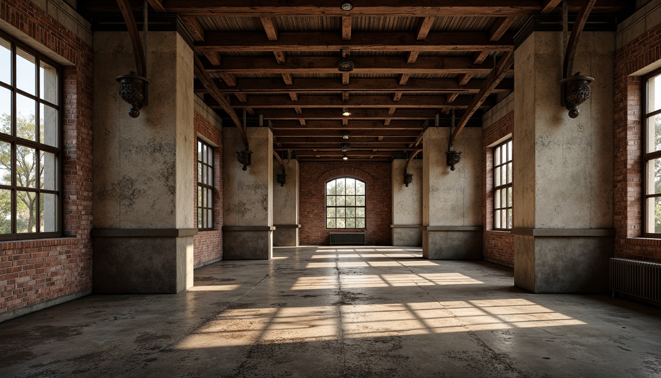 Prompt: Rustic warehouse interior, neoclassical columns, ornate capitals, distressed brick walls, industrial metal beams, reclaimed wood accents, vintage factory windows, worn concrete floors, rich textiles, warm atmospheric lighting, dramatic shadows, 1/1 composition, high contrast ratio, cinematic mood, nostalgic ambiance, realistic wear and tear.