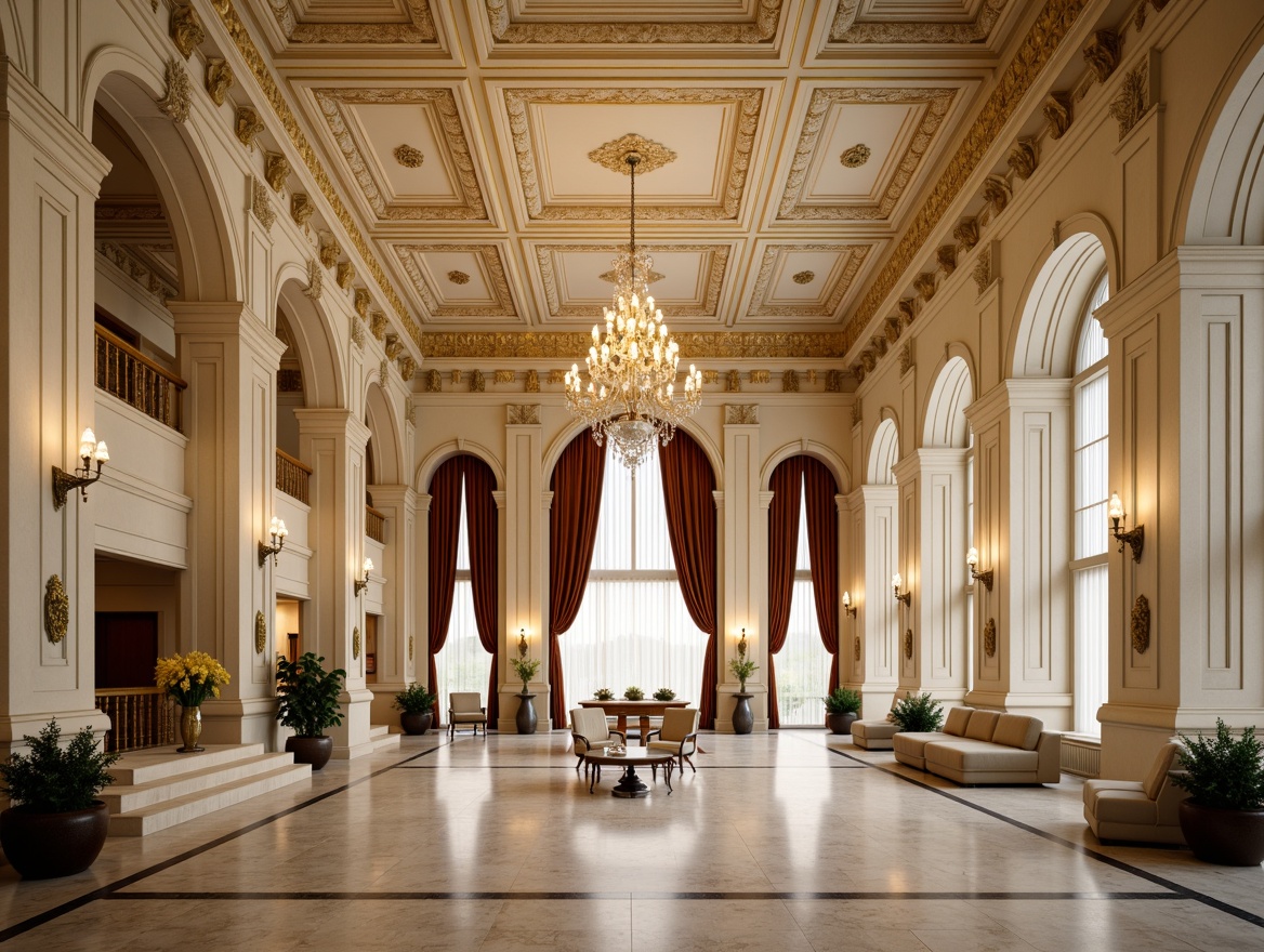 Prompt: Grandiose great room, neoclassical style, ornate ceiling designs, intricate moldings, gold leaf accents, crystal chandeliers, luxurious fabrics, rich wood paneling, marble floors, tall columns, archways, dramatic lighting effects, warm beige tones, soft cream colors, subtle sheen finishes, elegant furnishings, refined architectural details, symmetrical compositions, central focal points, high ceilings, 3-point perspective, realistic reflections, ambient occlusion.