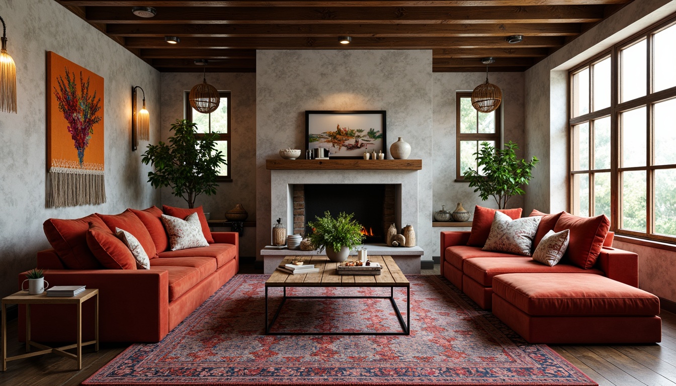 Prompt: Vibrant eclectic living room, rich velvet sofas, bold patterned rugs, distressed wood coffee tables, ornate metal frames, colorful Moroccan tiles, plush throw pillows, macrame wall hangings, natural fiber woven baskets, abstract artwork, industrial chic lighting fixtures, reclaimed wood accent walls, cozy reading nooks, oversized windows, soft warm ambiance, 1/1 composition, shallow depth of field, realistic textures, ambient occlusion.