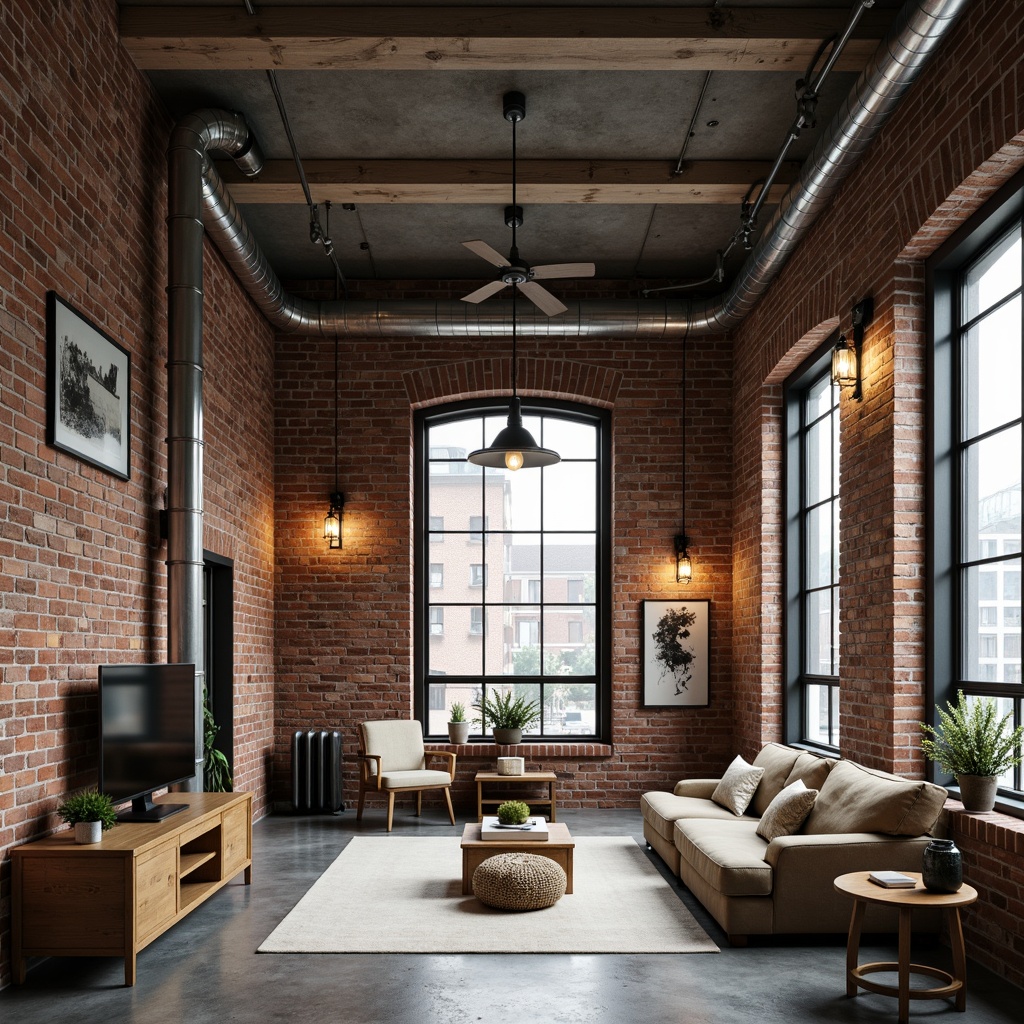 Prompt: Industrial-chic interior, exposed pipes, distressed brick walls, reclaimed wood accents, vintage metal fixtures, Edison bulb lighting, urban loft atmosphere, open-plan living space, modern minimalist decor, neutral color palette, polished concrete floors, industrial-style furniture, functional aesthetics, raw textures, natural light pouring in, shallow depth of field, 1/1 composition, realistic render.