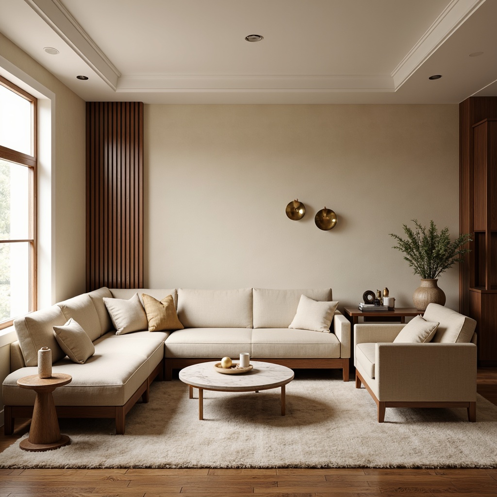 Prompt: Calming living room, warm beige walls, soft cream-colored furniture, rich walnut wood accents, plush area rugs, comfortable velvet sofas, elegant marble coffee tables, subtle golden lighting fixtures, airy large windows, natural daylight, gentle shadows, 1/1 composition, shallow depth of field, warm color harmony, earthy tones, minimalist decor.