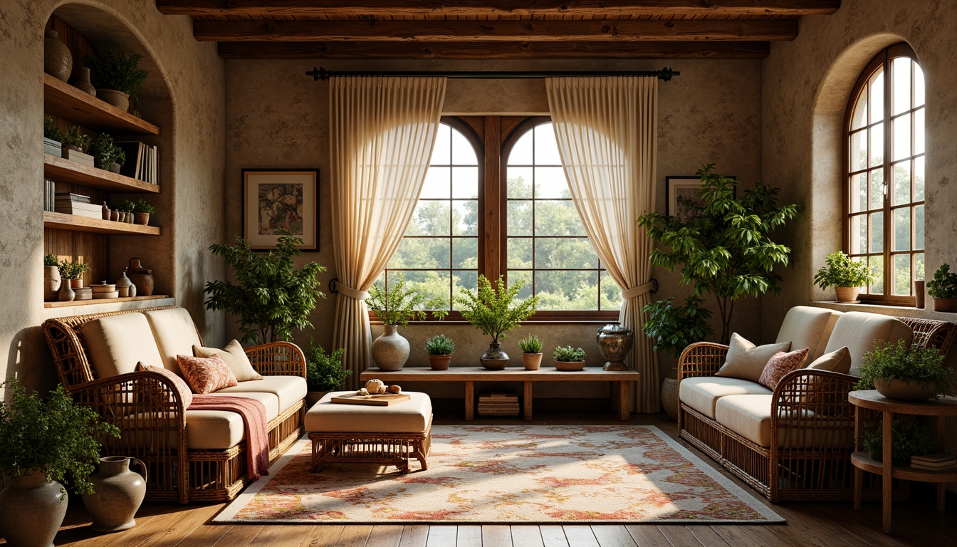 Prompt: Rustic farmhouse, vintage Art Nouveau style, distressed wood accents, floral patterns, velvet fabrics, linen textures, woven wicker furniture, natural fibers, earthy color palette, warm golden lighting, soft focus, shallow depth of field, 1/1 composition, cozy reading nook, plush throw blankets, intricate ironwork, ornate ceramic vases, lush greenery, potted plants, sun-drenched windows, wooden floorboards, antique furniture pieces, eclectic decorative accessories.